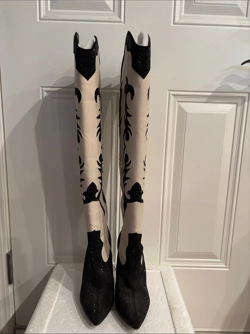 Tall Western-Inspired Knee Boots in Cream and Black